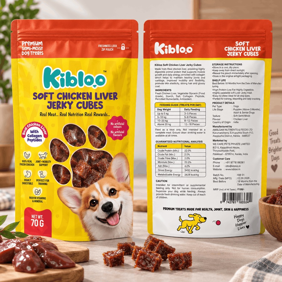 Kibloo Soft Chicken Liver Jerky Cubes — front and back of the retail pack, showing the declared nutritional analysis